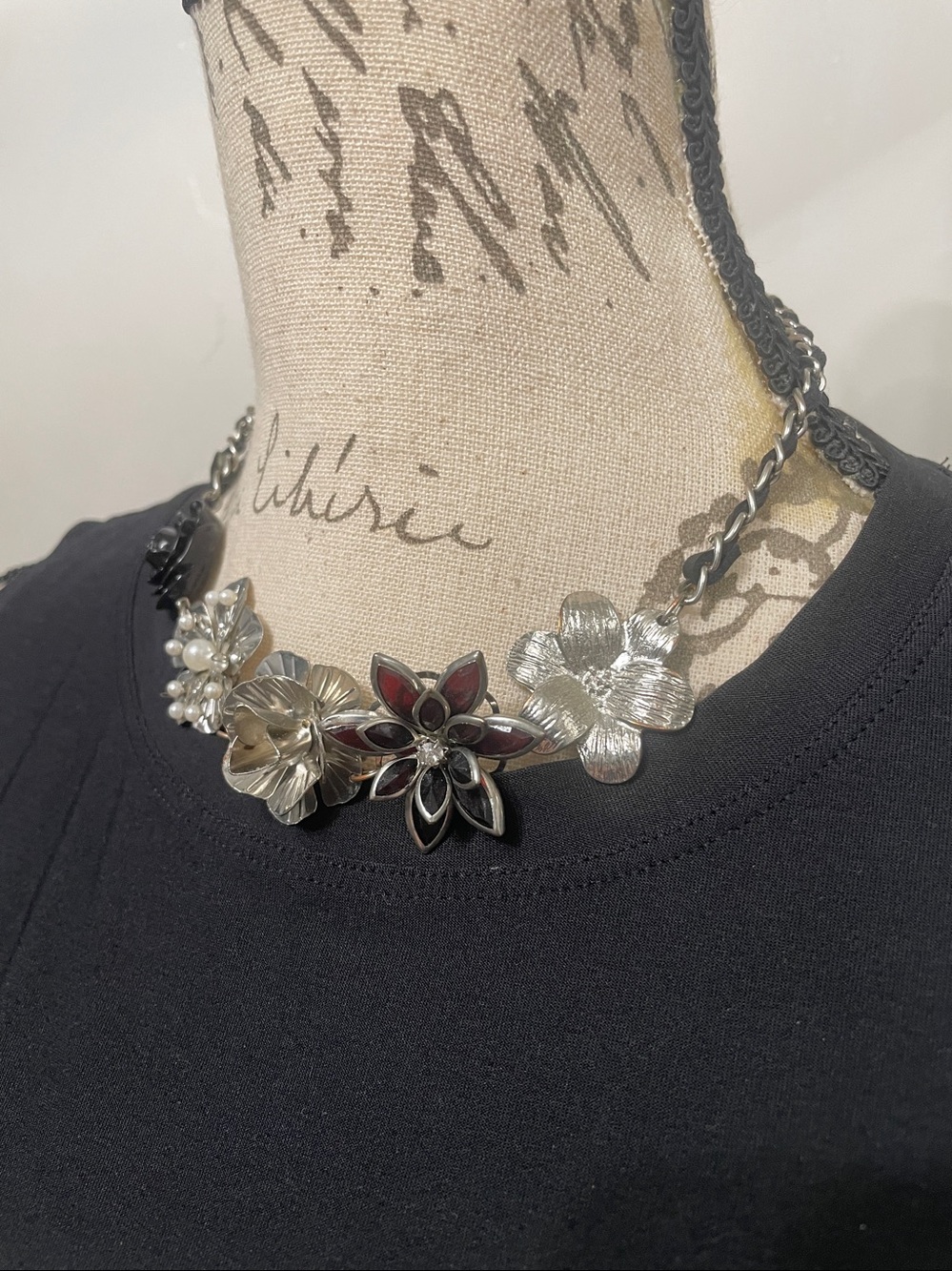 Floral Statement Necklace in Silver and Black